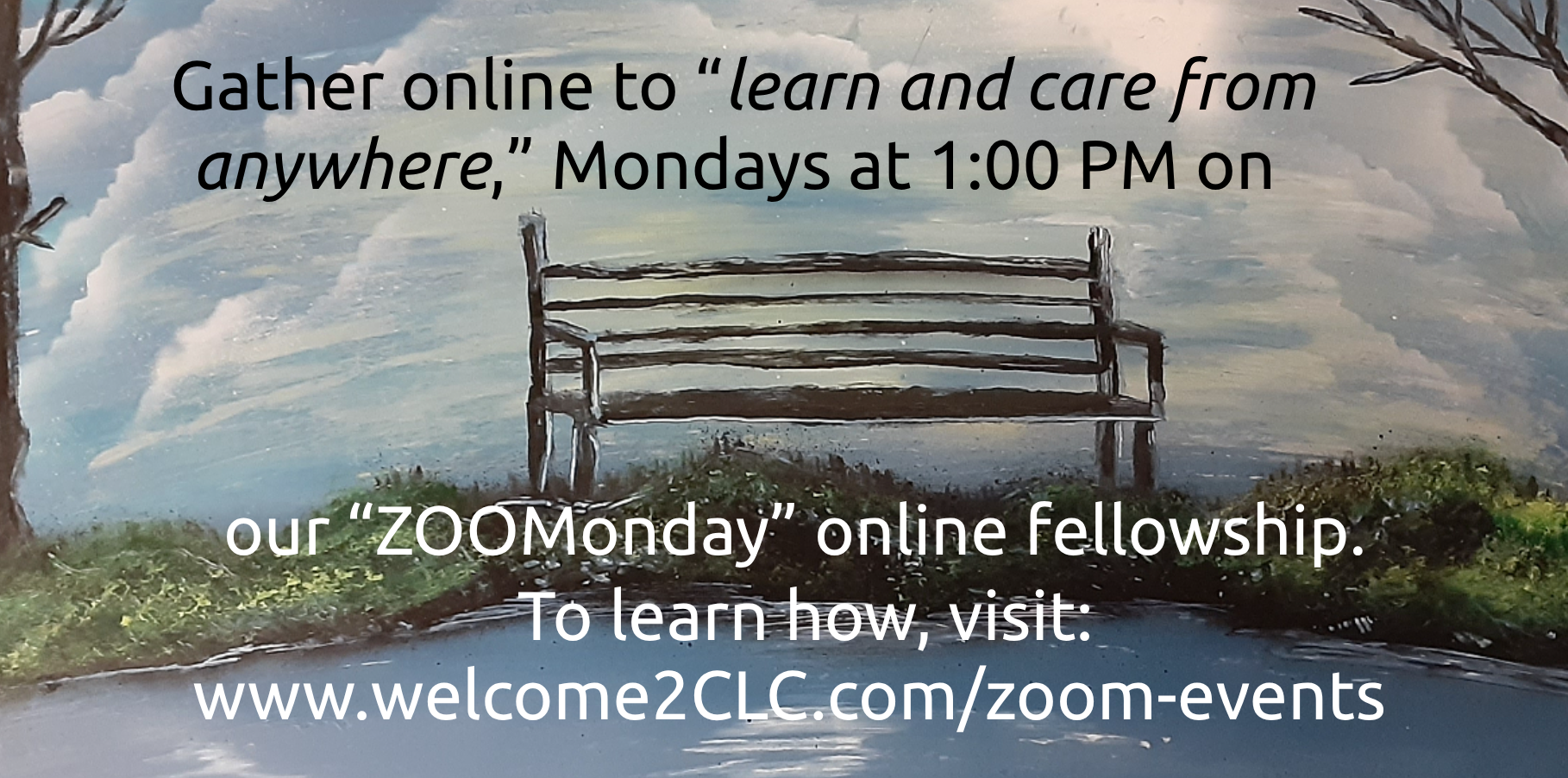 Screenshot of a virtual Zoom meeting with six participants, titled with information about online learning, sharing, and prayer sessions on Mondays at 1:00 pm, with instructions to learn how on their website or Facebook page.