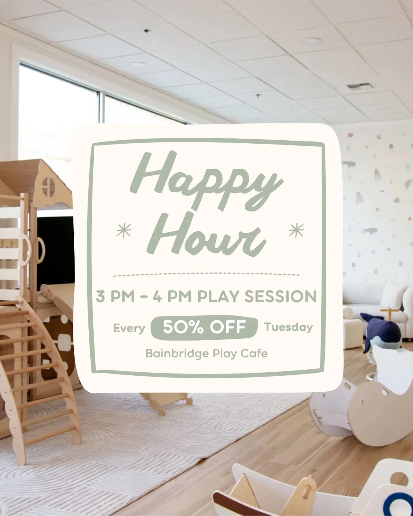 🎉✨🛝 HAPPY HOUR 🛝✨🎉 

Join us every Tuesday from 3:00 PM - 4:00 PM for Happy Hour! 50% off play reservations. Follow the link in our bio to book your slot!
