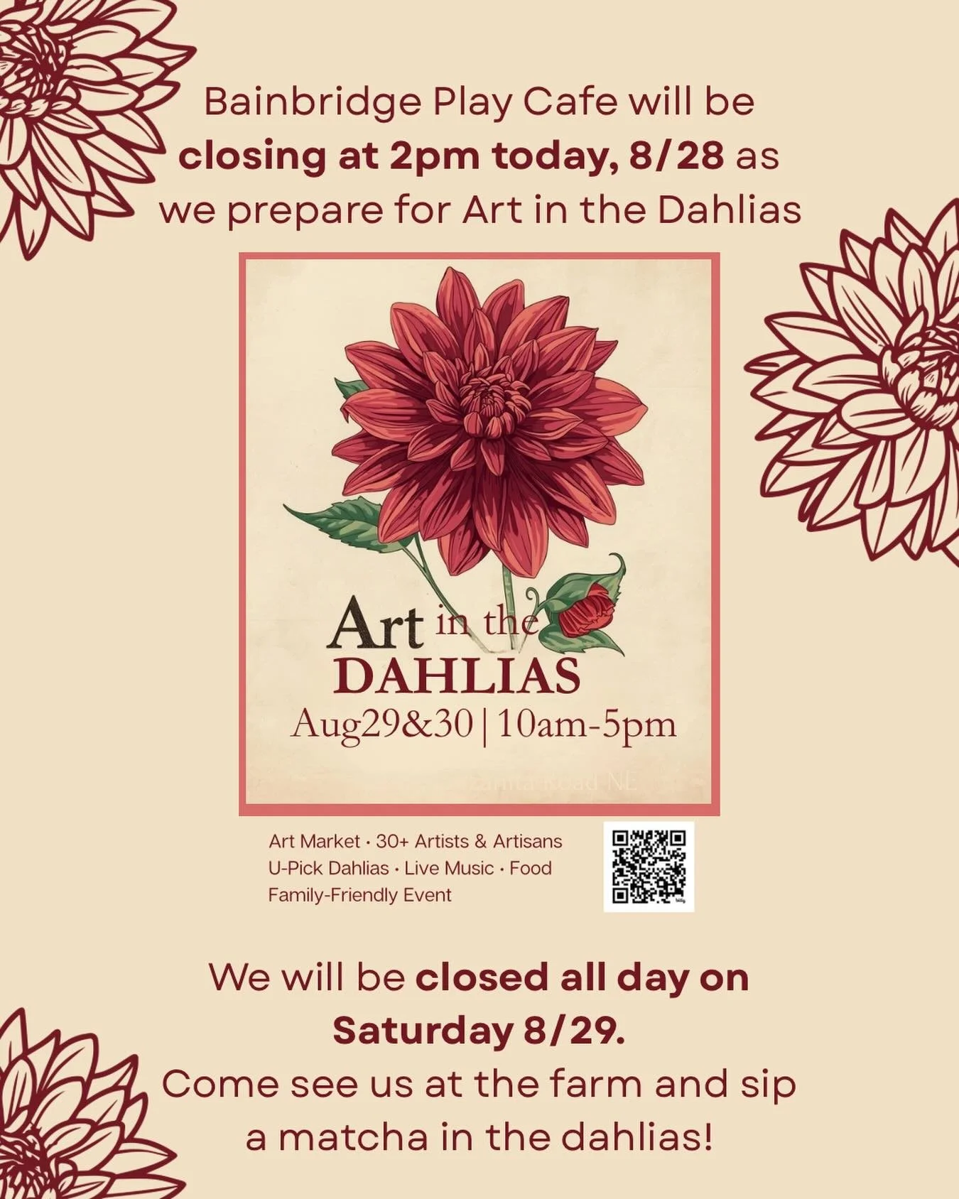 We&rsquo;re closing at 2:00 today, 8/28 to prep for Art in the Dahlias tomorrow and will be closed all day at the cafe tomorrow! Come see us at the farm! 🍵🧋