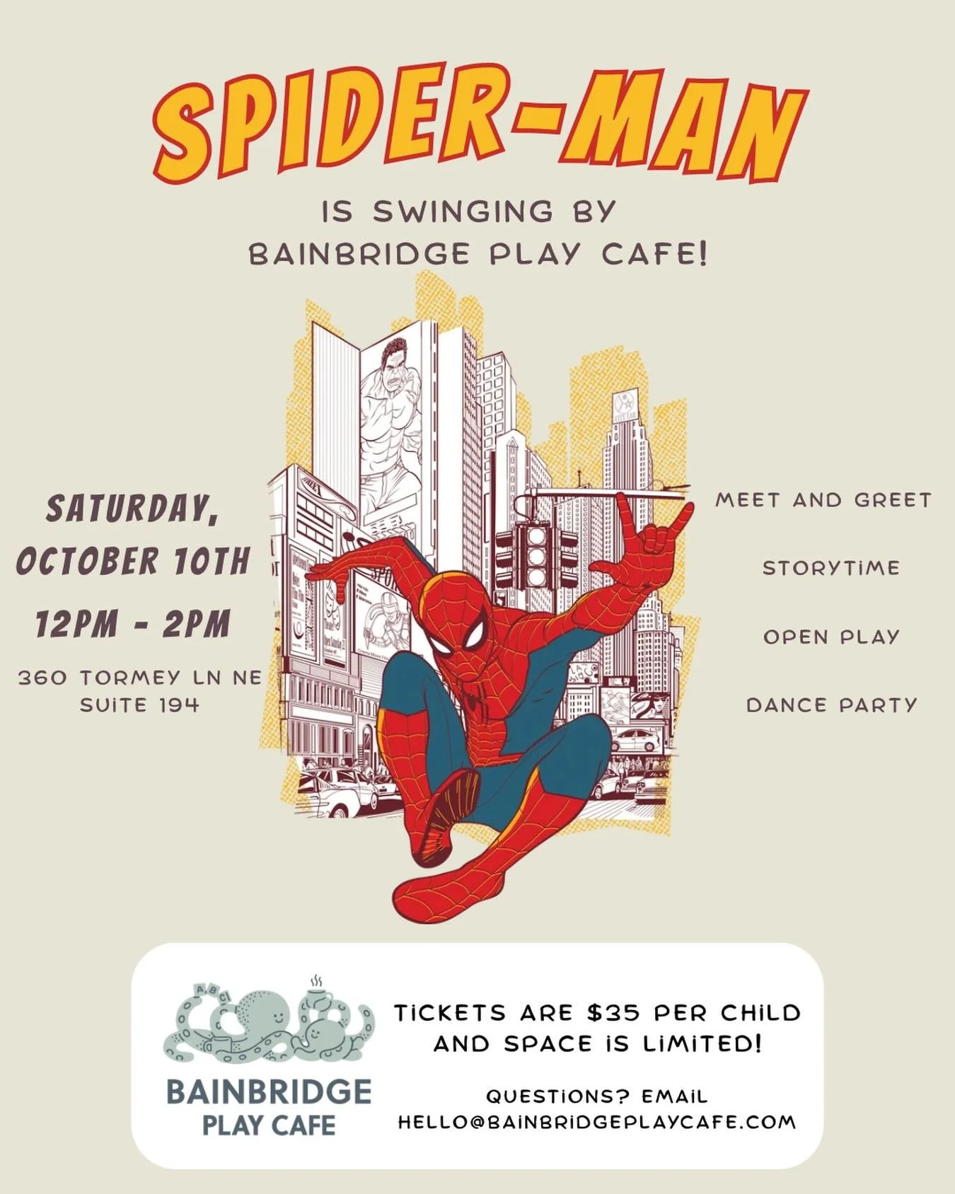 Guess who&rsquo;s swinging into Bainbridge Play Cafe?! 🕷️🕸️❤️

That&rsquo;s right&hellip; Spider-Man is coming to visit next month! Tickets are on sale now, so grab yours before they&rsquo;re gone! Link in our profile. 

We can&rsquo;t wait to see 