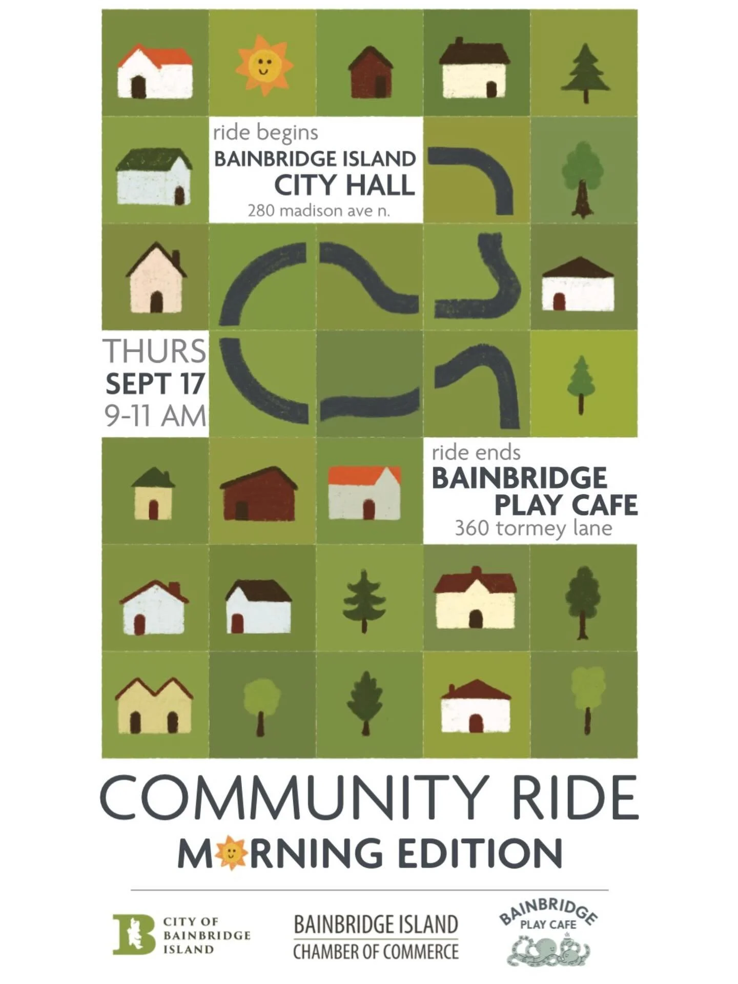About Community Rides:
The City of Bainbridge Island is delighted to be partnering with the Bainbridge Island Chamber of Commerce to host a new Community Rides series. These family-friendly group rides will start at City Hall and will end at a differ