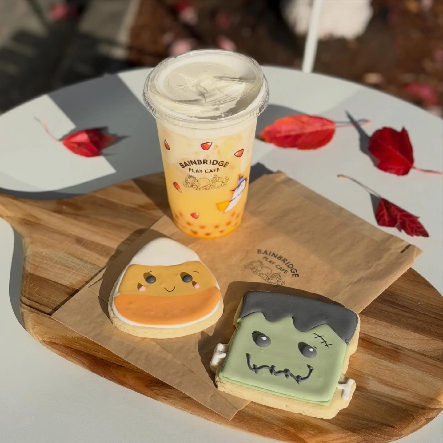 The cutest cookies arrived today and we almost sold out within a few hours! Not pictured: black cat &amp; ghostie cookies. (More will be in stock soon!)

Our Mango Cloud 🥭☁️ pairs so nicely with the candy corn cookie, dontcha think? 🥰