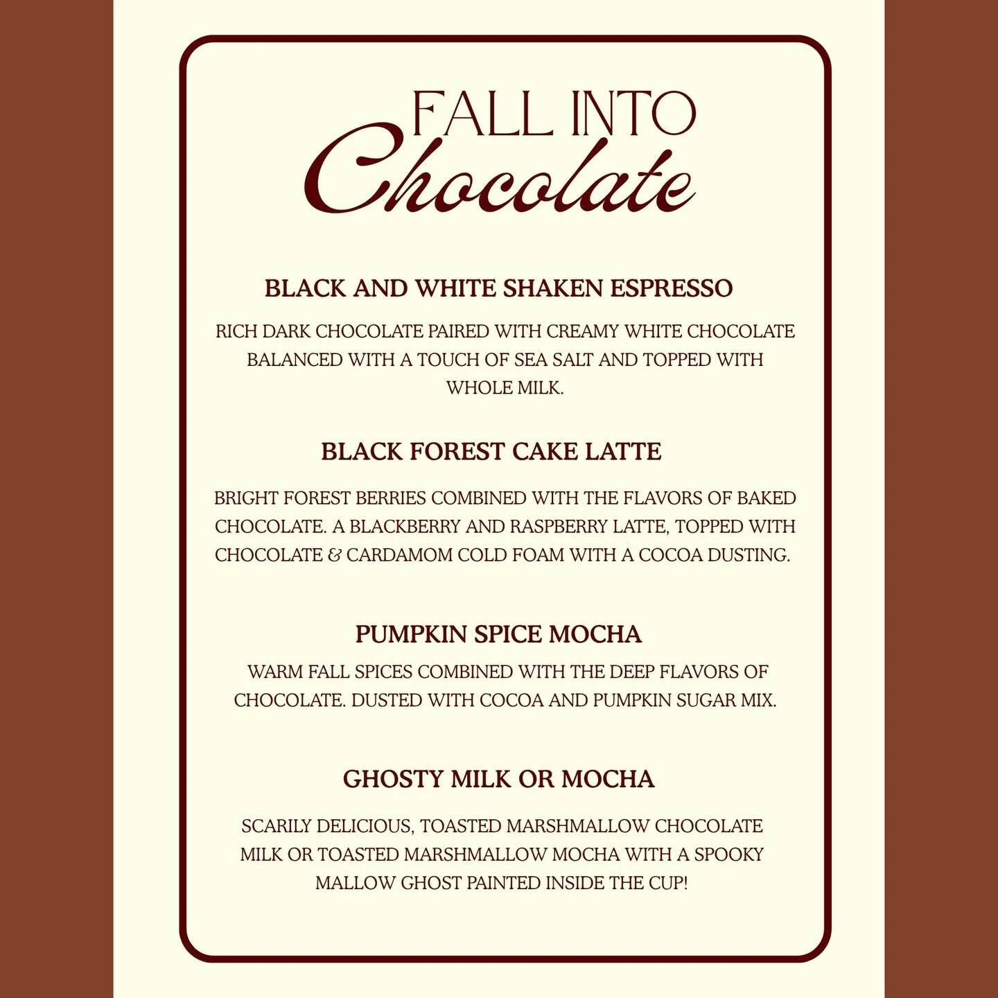 Fall Into Chocolate&hellip; our new savory fall series. 😍

Black and White Shaken Espresso 👻☕️
Rich dark chocolate, creamy white chocolate, &amp; espresso balanced with a touch of sea salt. Shaken with whole milk and a spooky mallow ghost painted i
