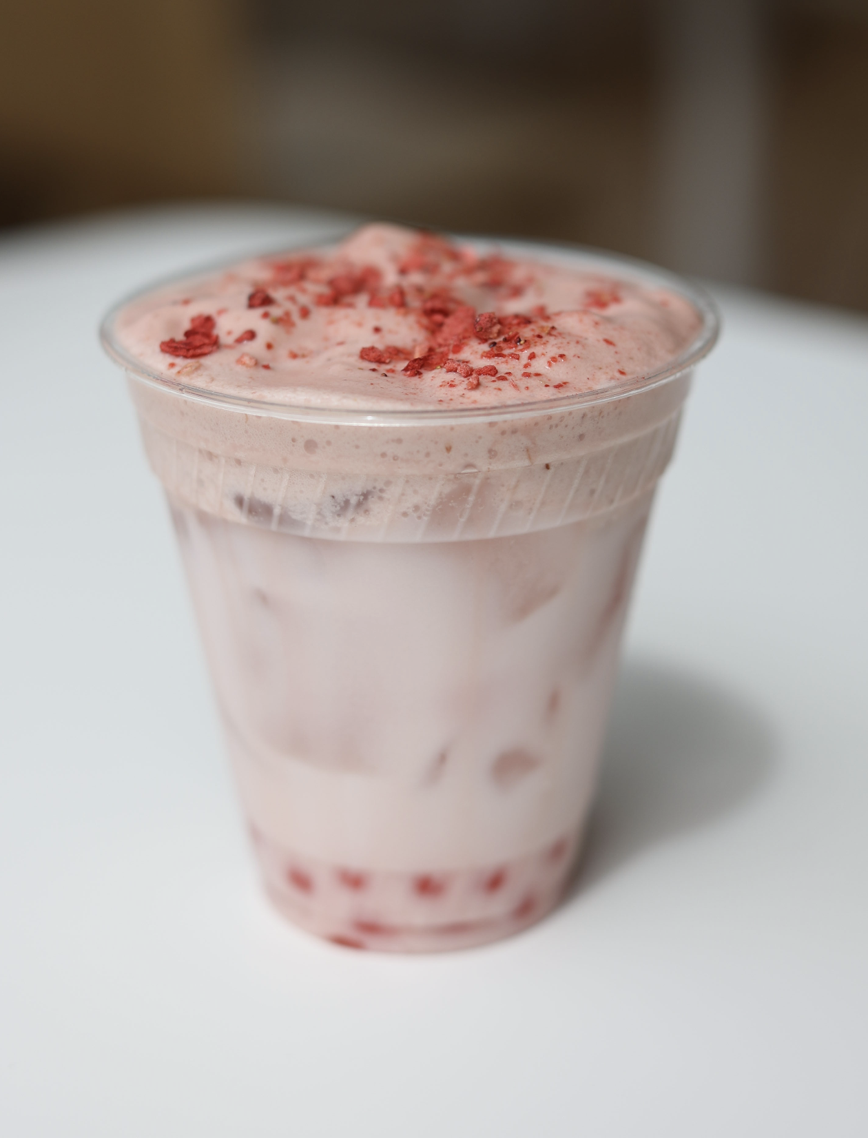 Strawberry Dream / Strawberry coconut milk with strawberry cold foam and strawberry popping boba. Served iced, 16oz.
