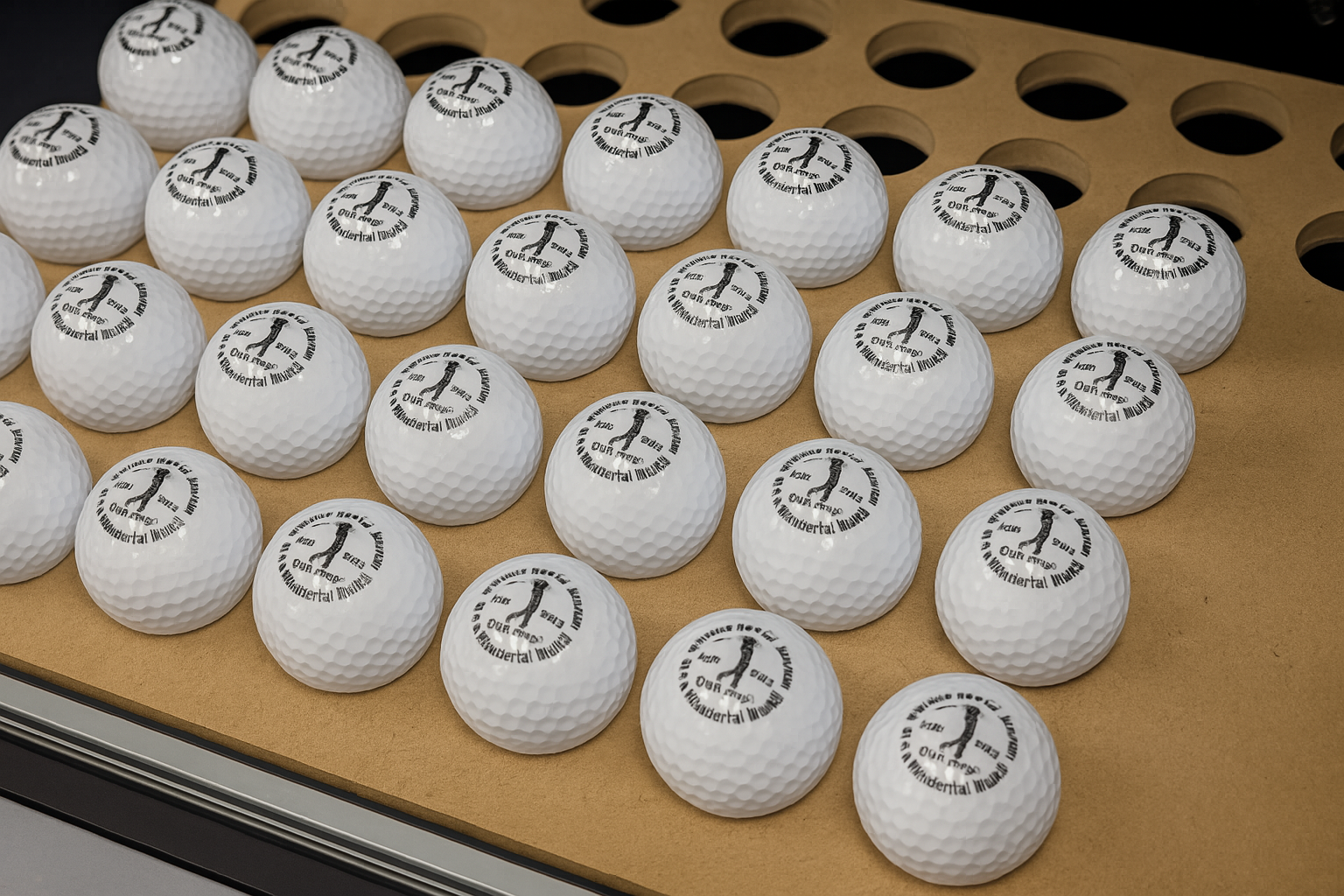 Multiple white golf balls with custom printed black logo and text reading 'In Memoriam R.J. Bracken 1939-2006' arranged on a brown surface near a perforated wooden tray.