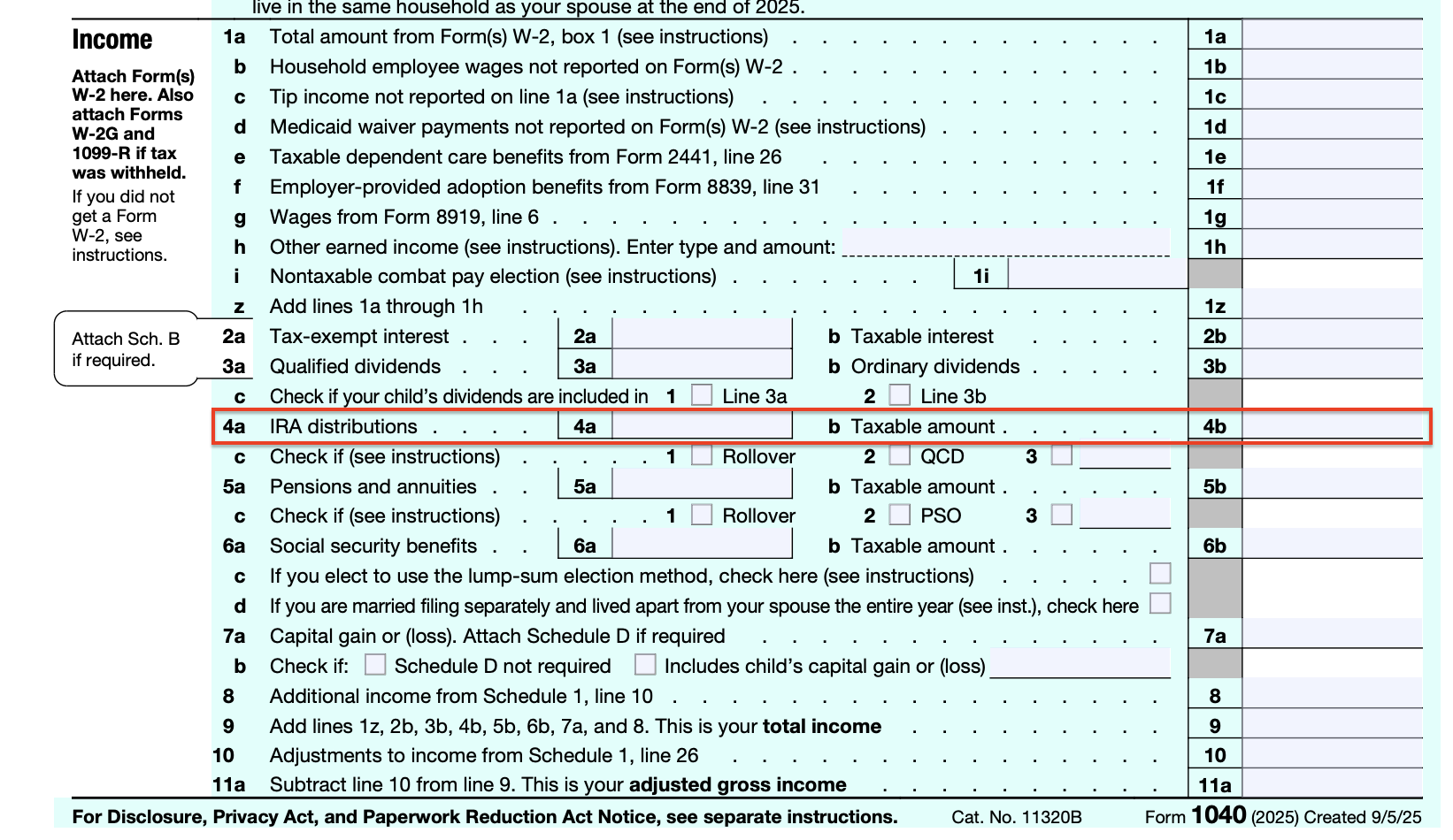Comparison of IRS Form 1040 Line 4a and 4b, highlighting the reporting gap where a Qualified Charitable Distribution (QCD) amount should be subtracted to ensure it remains tax-free.