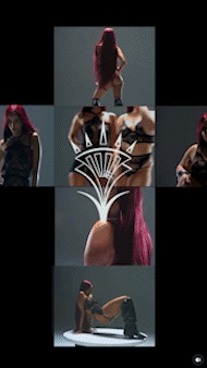 A collage of images featuring a woman with long red hair, including her standing, sitting on the floor, and close-up shots of her hair and hands, with a graphic of a stylized fan or burst in the center.
