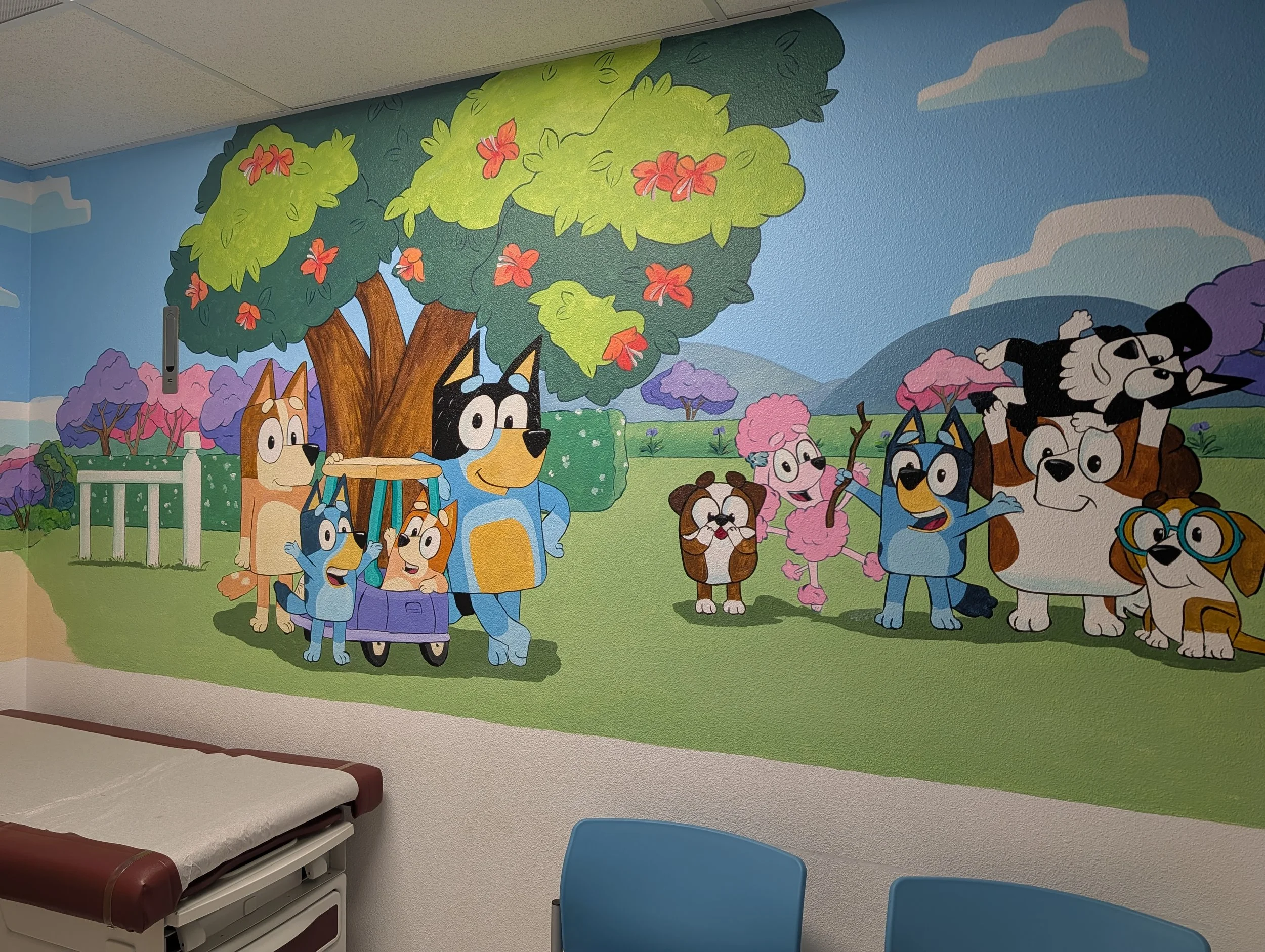 Bluey exam room with Chilli( Mum), Bluey, Bingo, Bandit(Dad), Winton, Coco, Mackenzie, Hercules and Honey