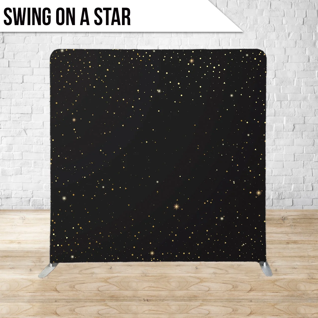 Black room divider with a starry night sky pattern, with yellow and white stars and triangles. Text says 'Swing on a Star' at the top left corner.