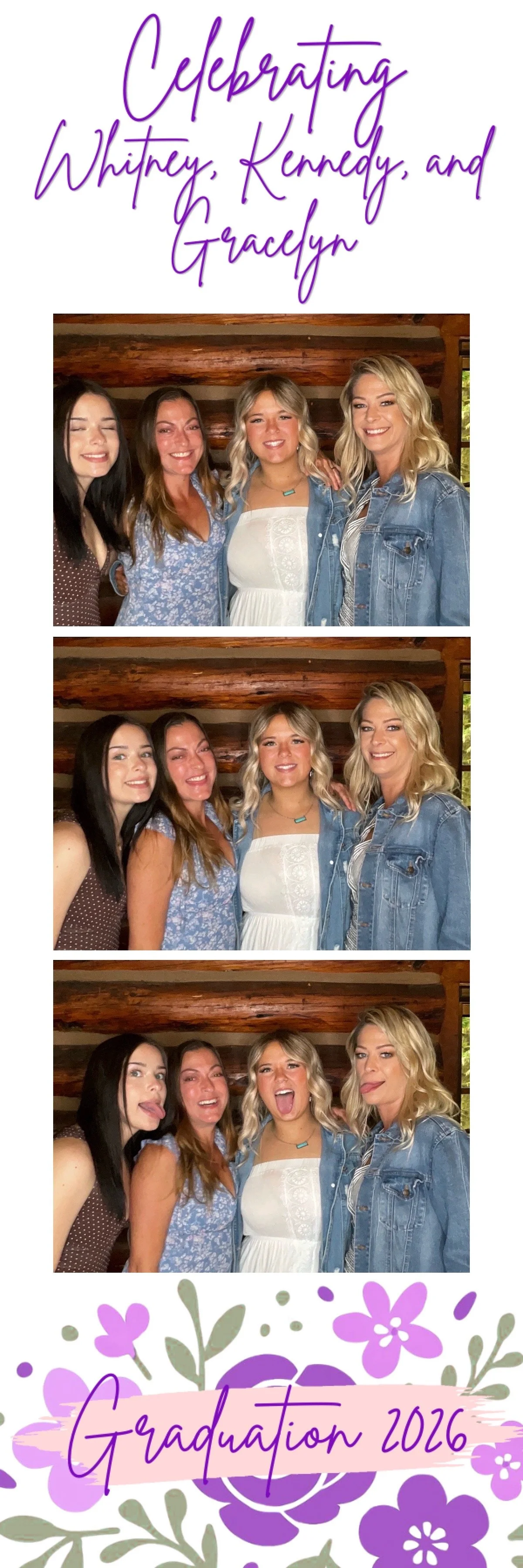 A collage of four photos from a graduation celebration for Whitney, Kennedy, and Gracelyn in 2016, with floral and handwritten text.