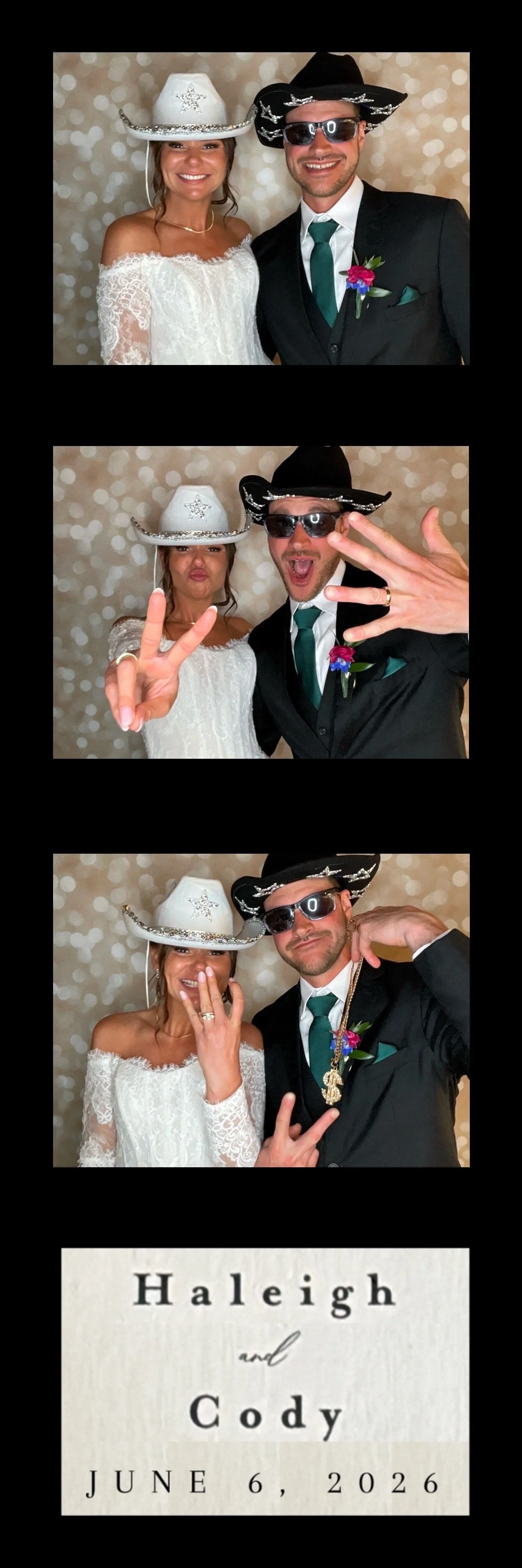 A wedding photo series with a couple wearing cowboy hats and sunglasses. The bride is in a white off-shoulder lace dress, and the groom is in a dark suit with a teal tie and boutonniere. They are making playful gestures and poses. The last image is a wedding invitation with the names 'Haleigh and Cody' and the wedding date 'June 6, 2026'.