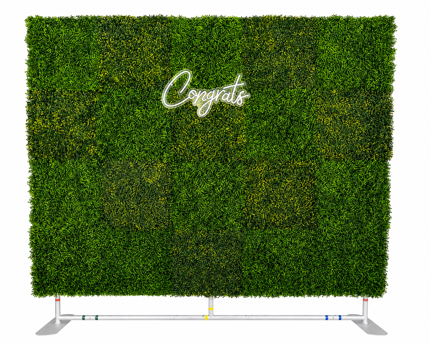 Artificial green hedge wall with a neon sign that says 'Congrats' in script font.