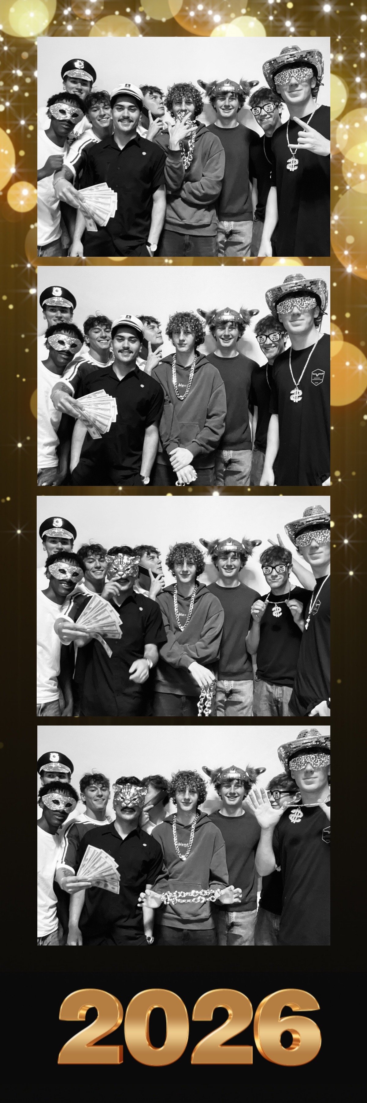 Strip photo booth pictures of a group of friends wearing fun accessories like masks, hats, and glasses, with some holding fake money and props, celebrating the year 2026, with a golden sparkling background.