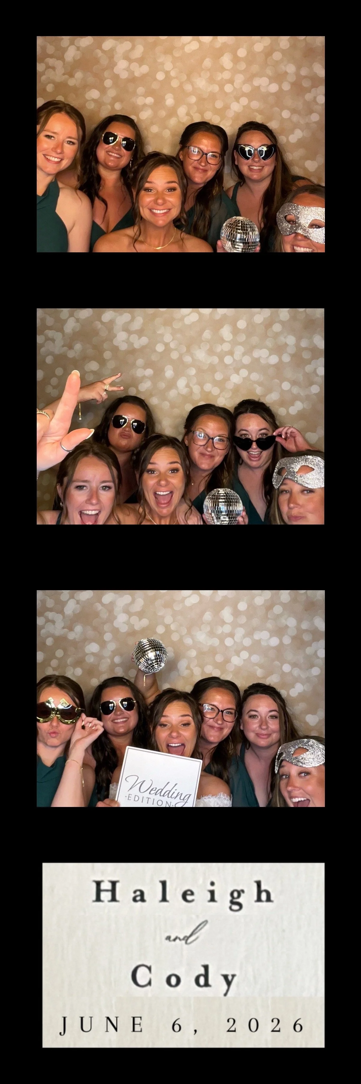 Photo booth pictures of a group of women at a wedding celebration, with fun props like sunglasses, a disco ball, and a sign that reads 'Wedding Edition.' The background is a beige, bokeh-style backdrop.