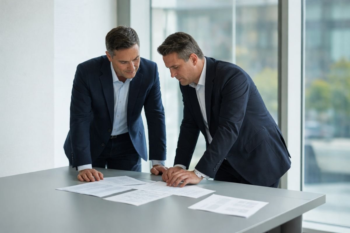 Two hospitality consultants reviewing strategic documents during a focused food and beverage advisory engagement.