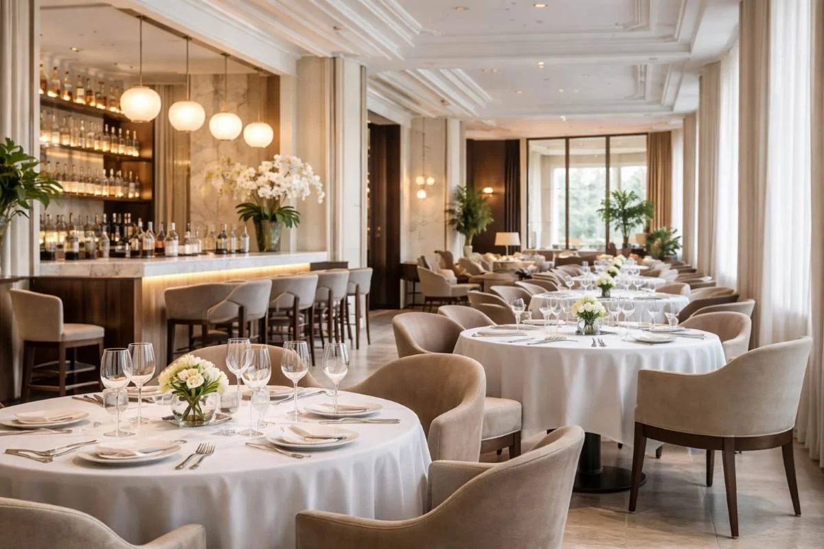 Luxury hotel restaurant interior representing strategic food and beverage advisory for hospitality-led businesses