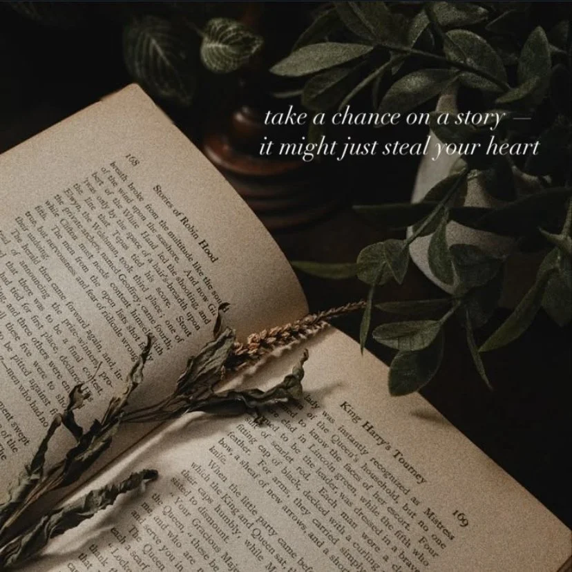 Open book with dried flowers on page, leafy houseplant in background, and overlaid text that says 'take a chance on a story — it might just steal your heart.'