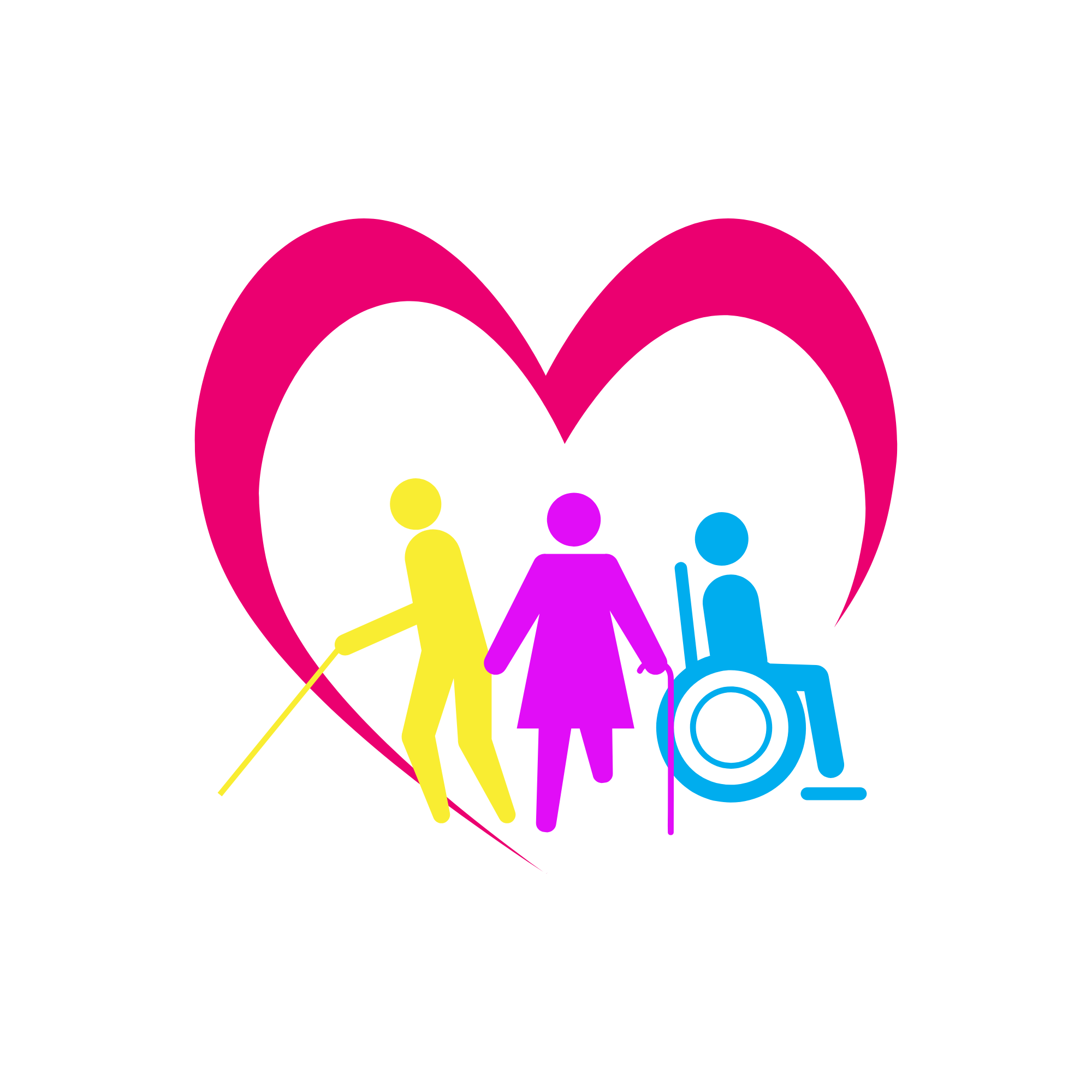A vision-impaired, physically-disabled, and wheelchair-mobilising figure, encompassed inside a heart to represent acceptance and inclusion of people with disabilities