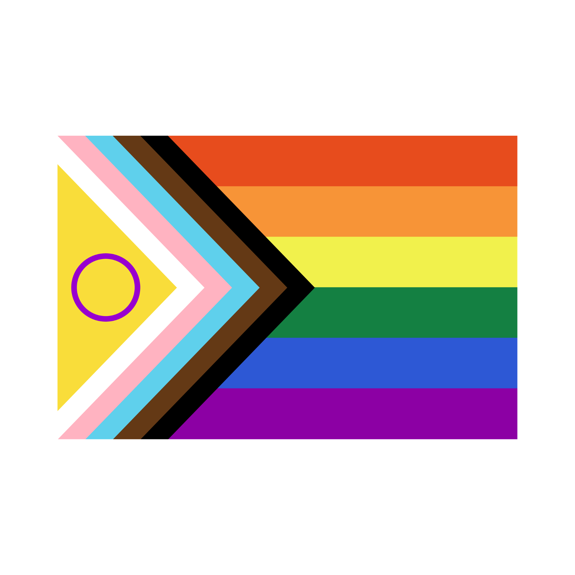 Intersex Inclusive Progress Pride Flag, includes the LGBTQIA+ rainbow,  people of colour (black and brown stripes), transgender trans pride, and a purple circle on yellow background for intersex inclusion