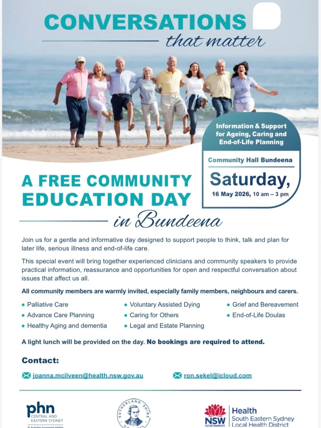 Ageing, caring and end of life planning.
Join Kim Somerville, alongside experienced clinicians and speakers in Bundeena for this free community event.
Kim will be speaking as an end of life doula, sharing what the doula role involves and discussing h