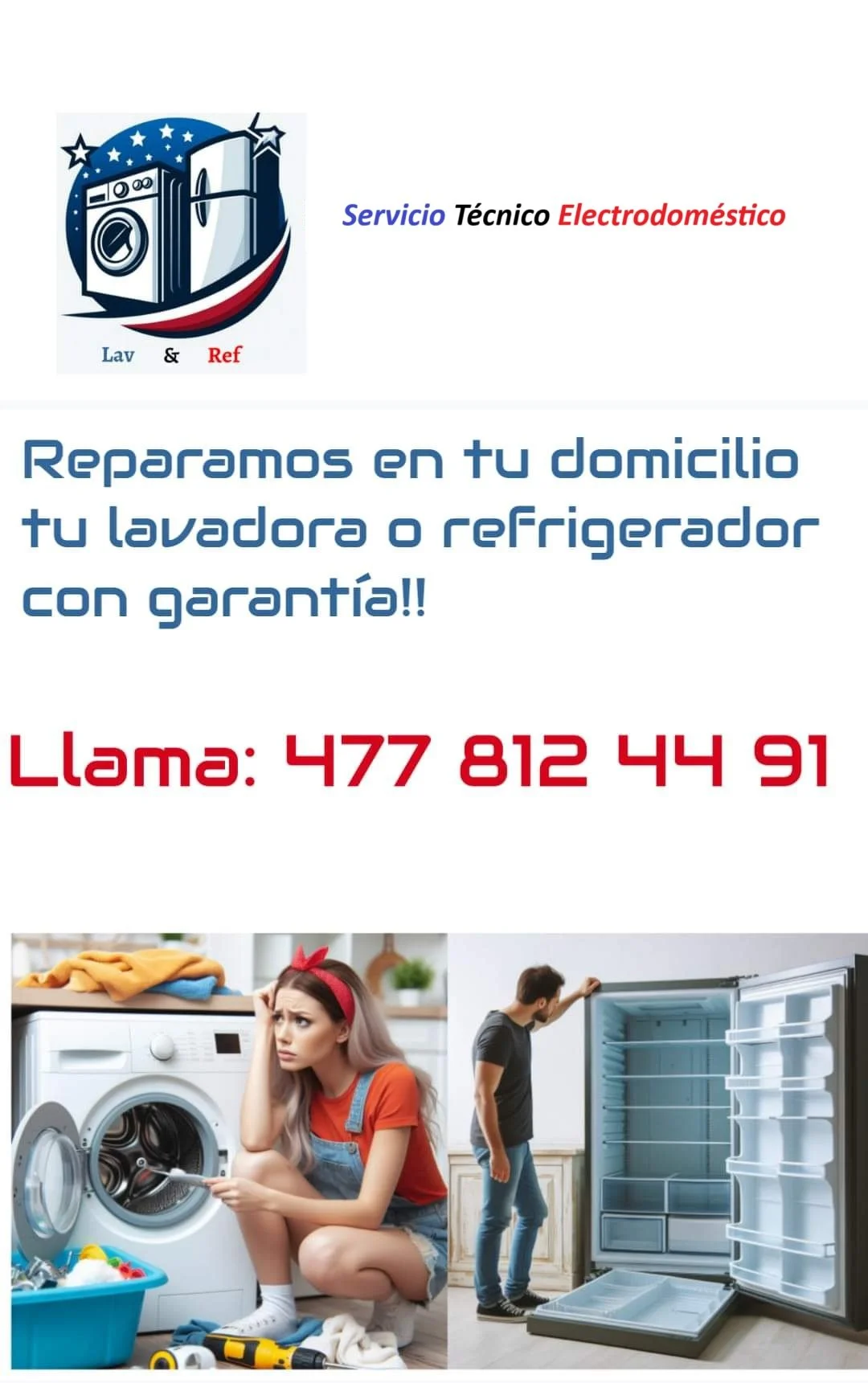 Anuncio de reparación de electrodomésticos, con imágenes de una mujer confundida frente a una lavadora y un hombre mirando un refrigerador vacío.