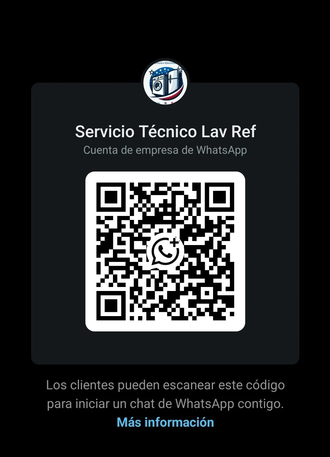 Código QR para servicio técnico Lav Ref en cuenta de empresa de WhatsApp con logo en la parte superior y texto en español que indica para iniciar chat en WhatsApp.