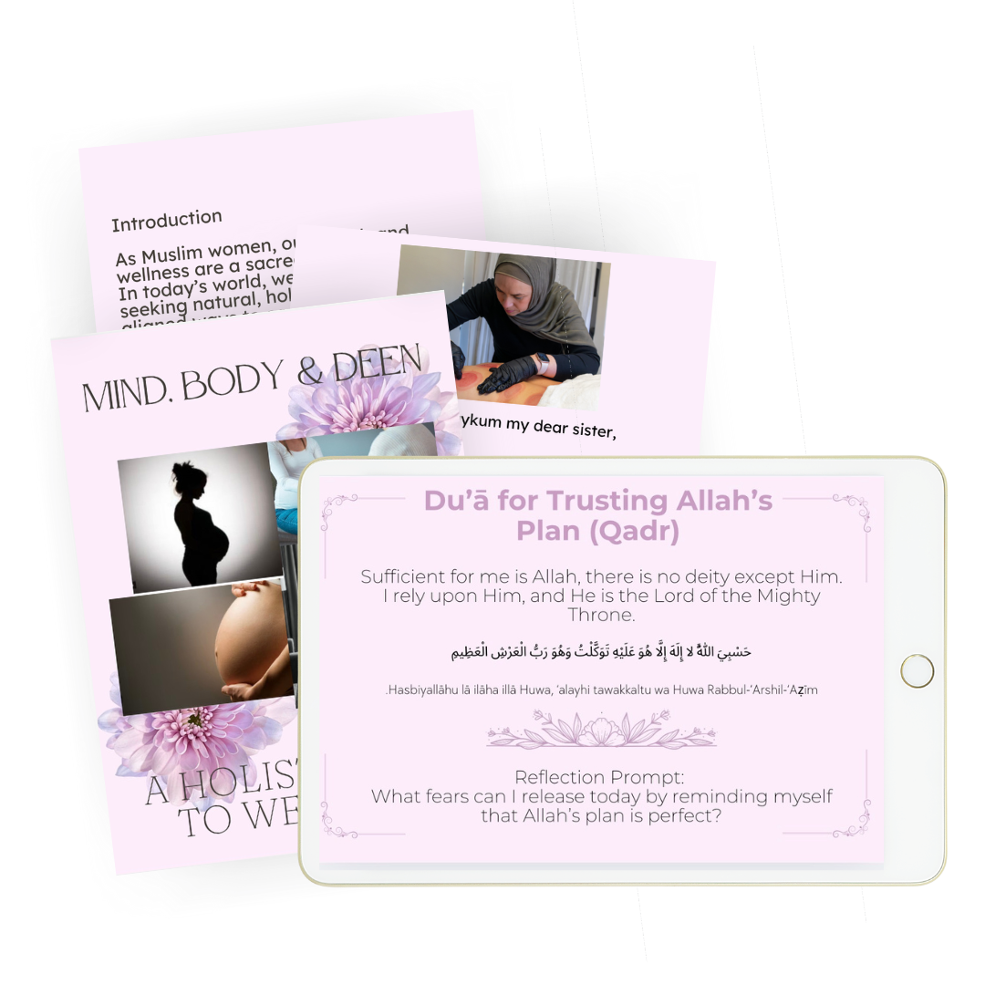 A collection of health and wellness pamphlets and a tablet displaying an Islamic prayer, with images of pregnant women and a woman receiving a massage.
