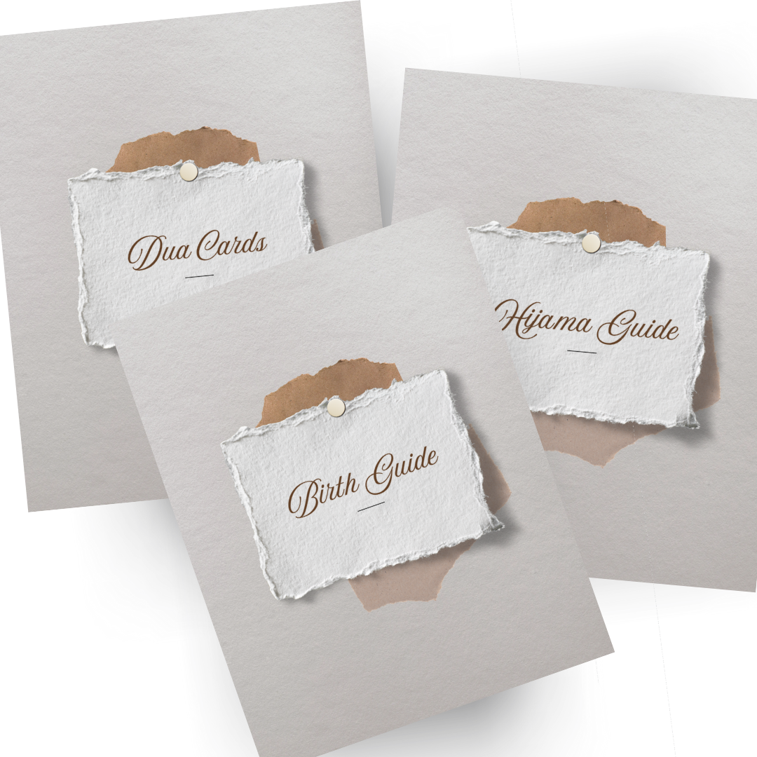 Three torn paper notes pinned with thumbtacks on a grey background. The notes read "Dua Cards," "Birth Guide," and "Hijama Guide" in elegant script.