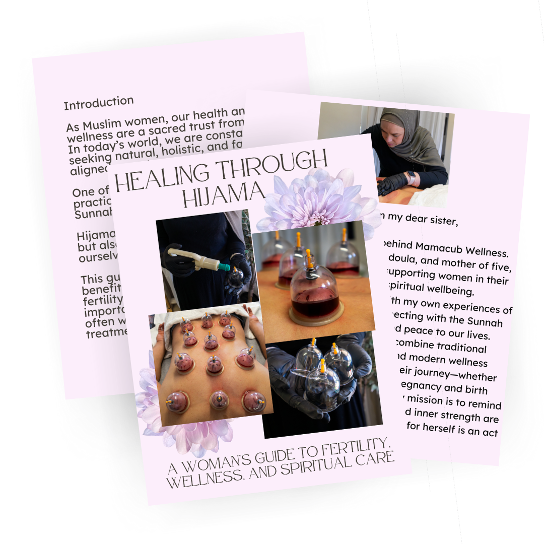 Brochure titled "Healing Through Hijama" with images of cups used in cupping therapy, a woman preparing the cups, and a woman lying on a table receiving cupping treatment. The brochure discusses wellness, fertility, and spiritual care.