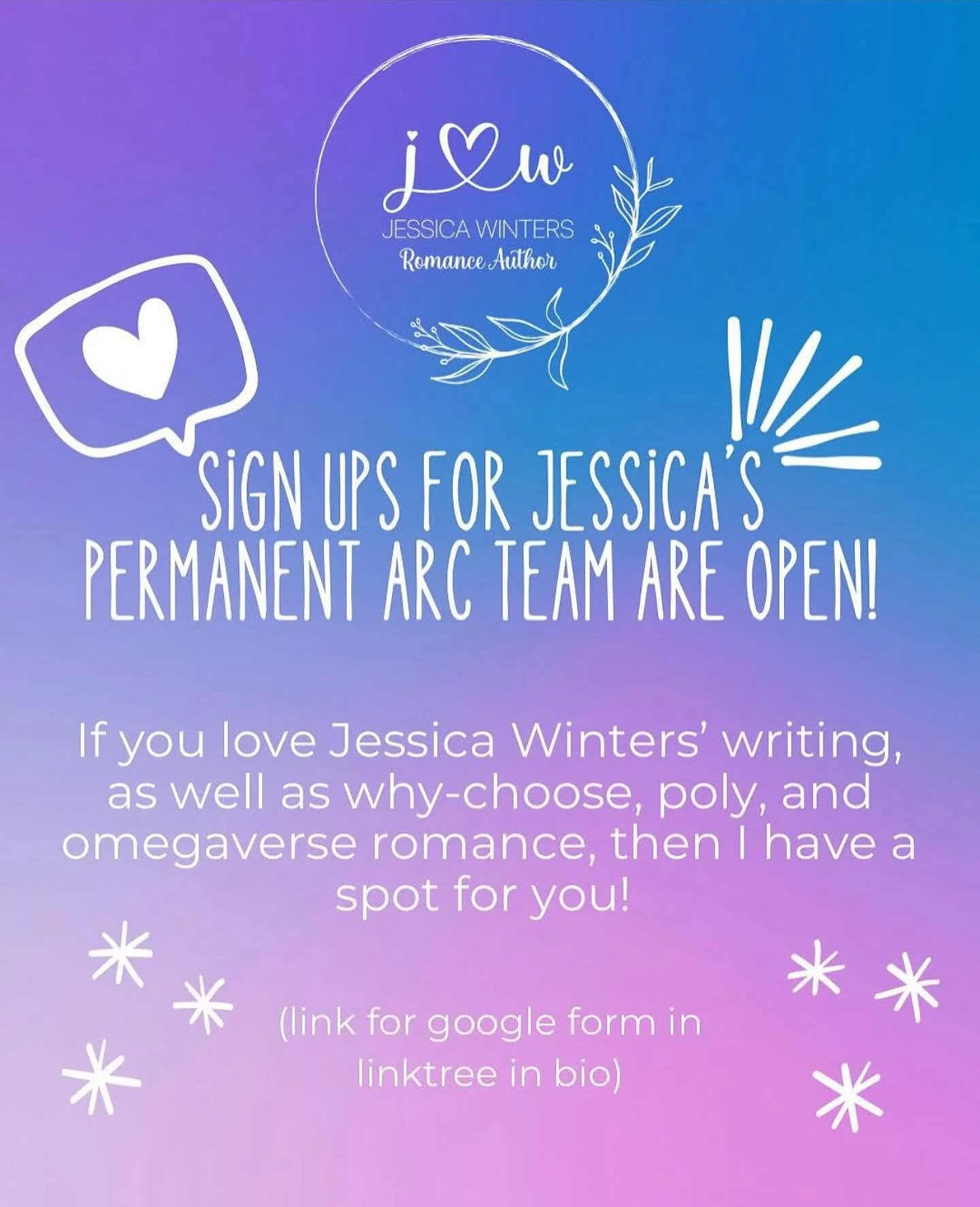 @jessicawintersromance Permanent ARC Team closes August 1! 

If you want steamy and fun reverse harem, omegaverse, Jessica&rsquo;s books are for you! Head to her bio to find the sign up form 💕

#authorservices #permanentarcteam #jessicawinters #omeg