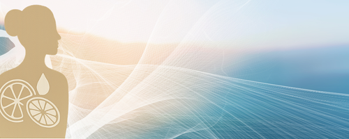 Illustration of a woman with a transparent overlay of lemon slices and a water droplet on her chest, with a background of smooth blue waves and light streaks.