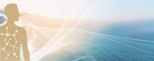 Digital illustration of a human body silhouette with a molecular structure on the chest, with abstract waves and network lines in the background.