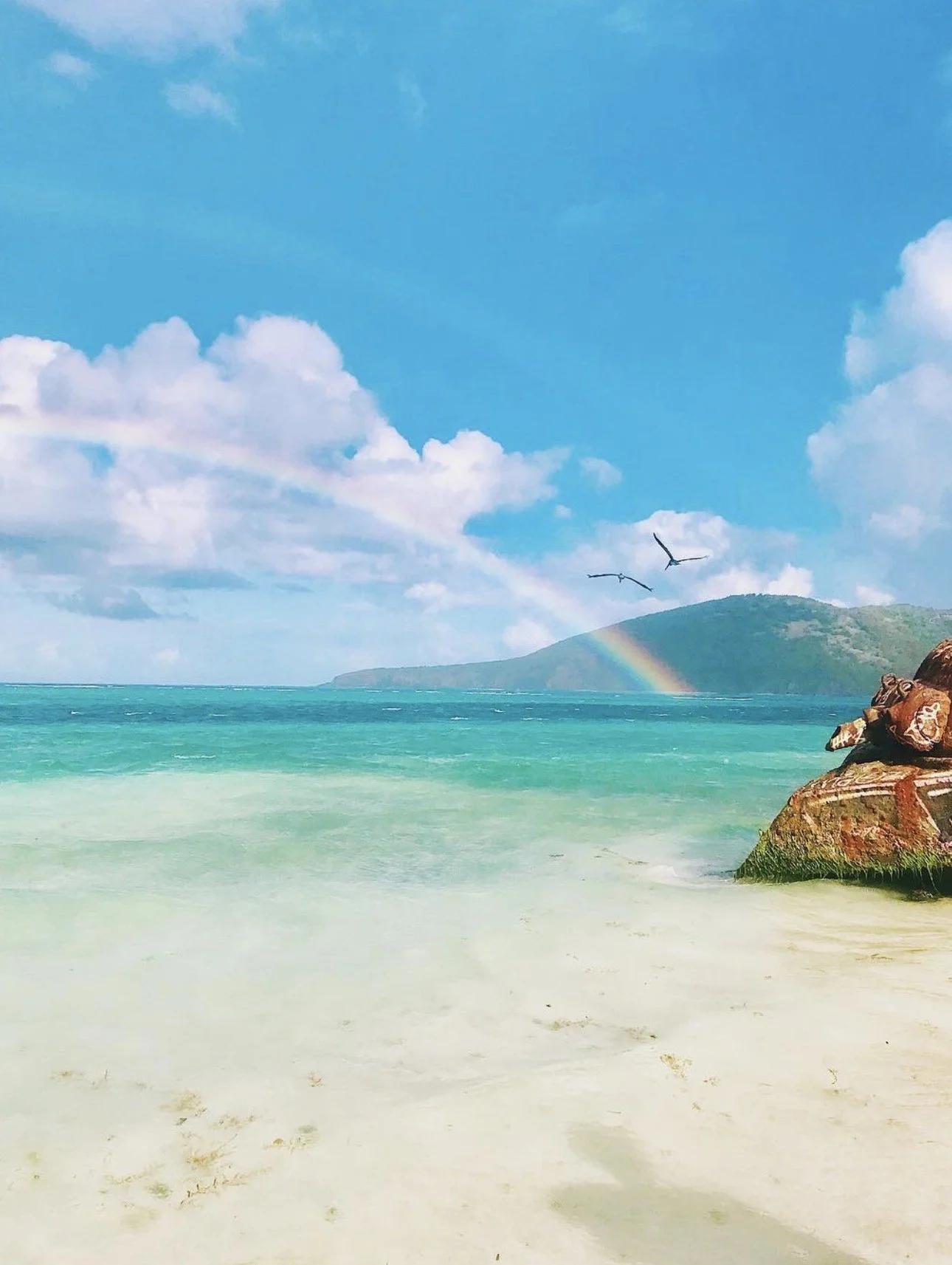 A scenic beach view with clear turquoise water, white sandy shore, large rocks, a rainbow, a hill in the background, and two birds flying in the sky.