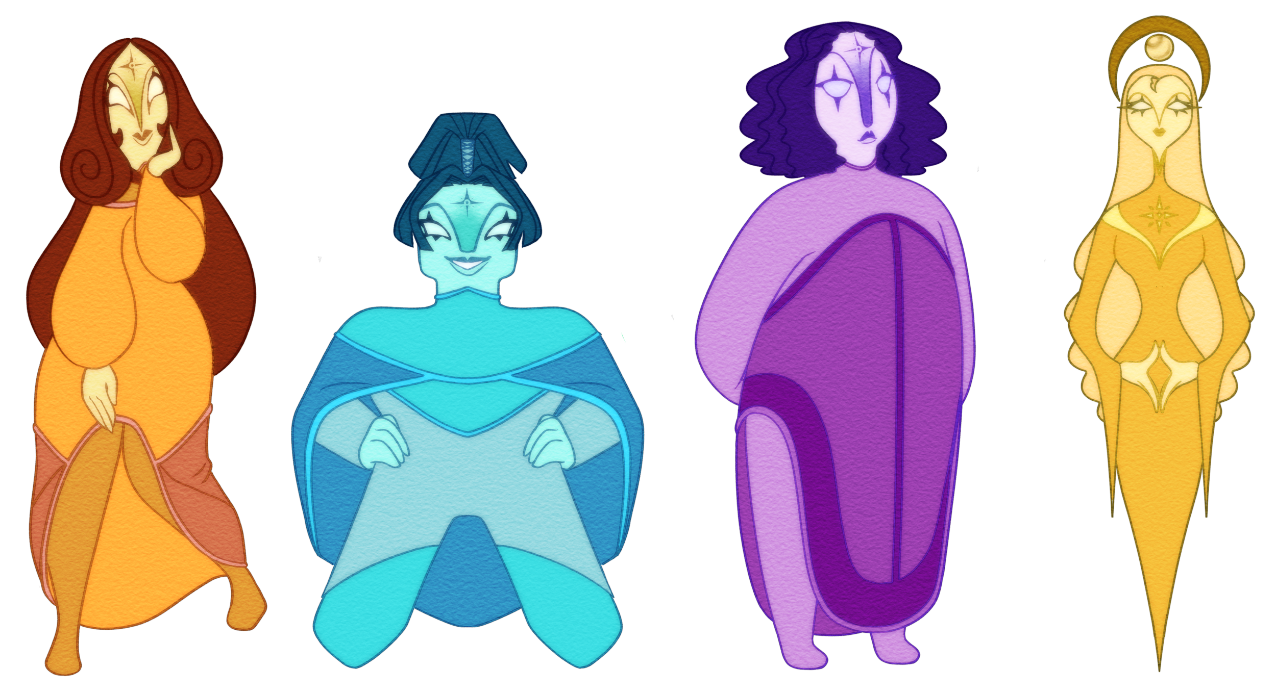 This would be the character line up. I drew the characters all in clip studio and added some more textures to make it look like it was watercolored and on actual paper.