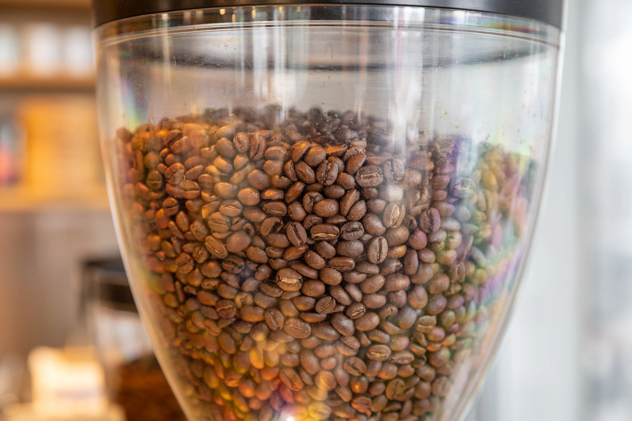 Close-up of a clear container filled with roasted coffee beans.