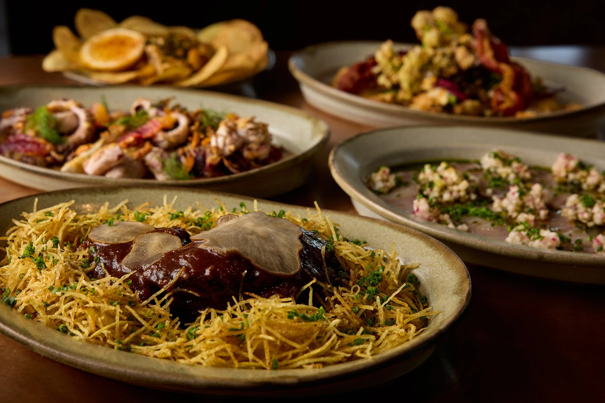 Various dishes of gourmet food on ceramic plates, including pasta, salad, and appetizers, arranged on a wooden table.