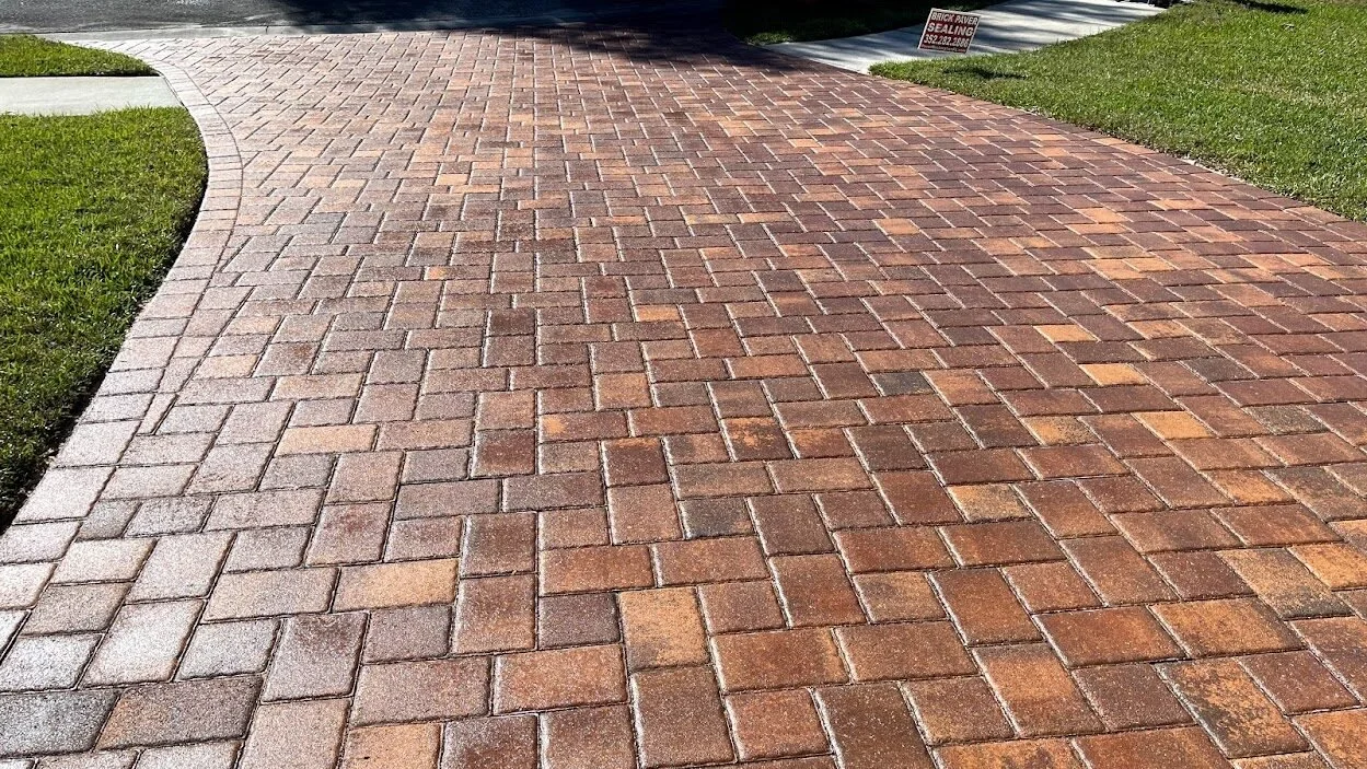 Close-up view of a brick driveway with curved edges and grass on either side.
