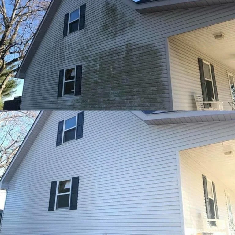 Before and after images showing a house exterior with dirty, moldy siding in the before picture, and clean, bright siding in the after picture.