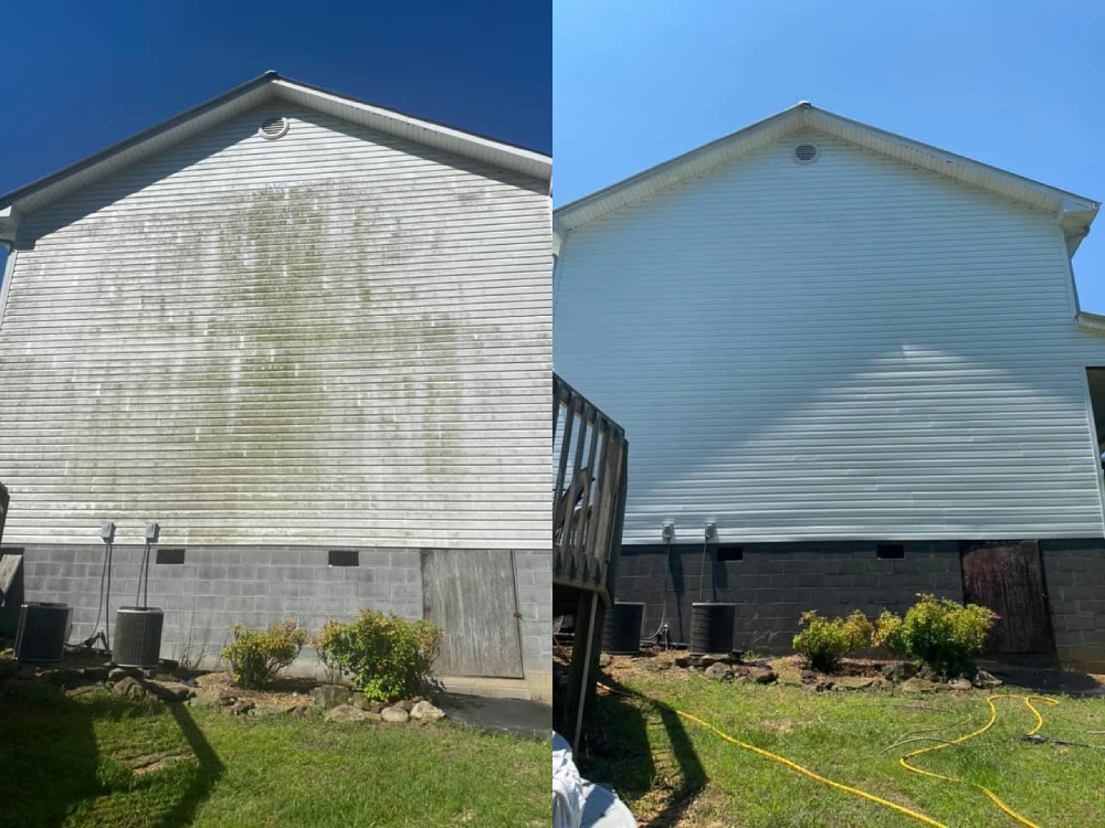 Side-by-side comparison of a house's exterior wall before and after cleaning. The left side shows a wall with dirt and mold stains, while the right side shows a clean, white wall.