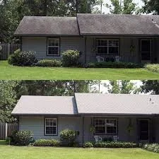 Comparison of two houses, one before and one after renovation, showing the exterior of a house with a grassy yard and bushes in front.