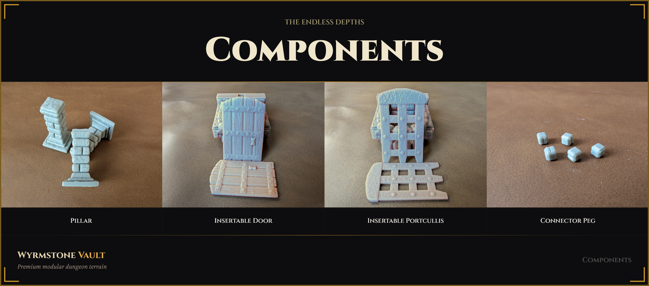 Wyrmstone Vault Endless Depths components catalog — Pillar, Insertable Door, Insertable Portcullis, and Connector Peg cast-resin terrain pieces