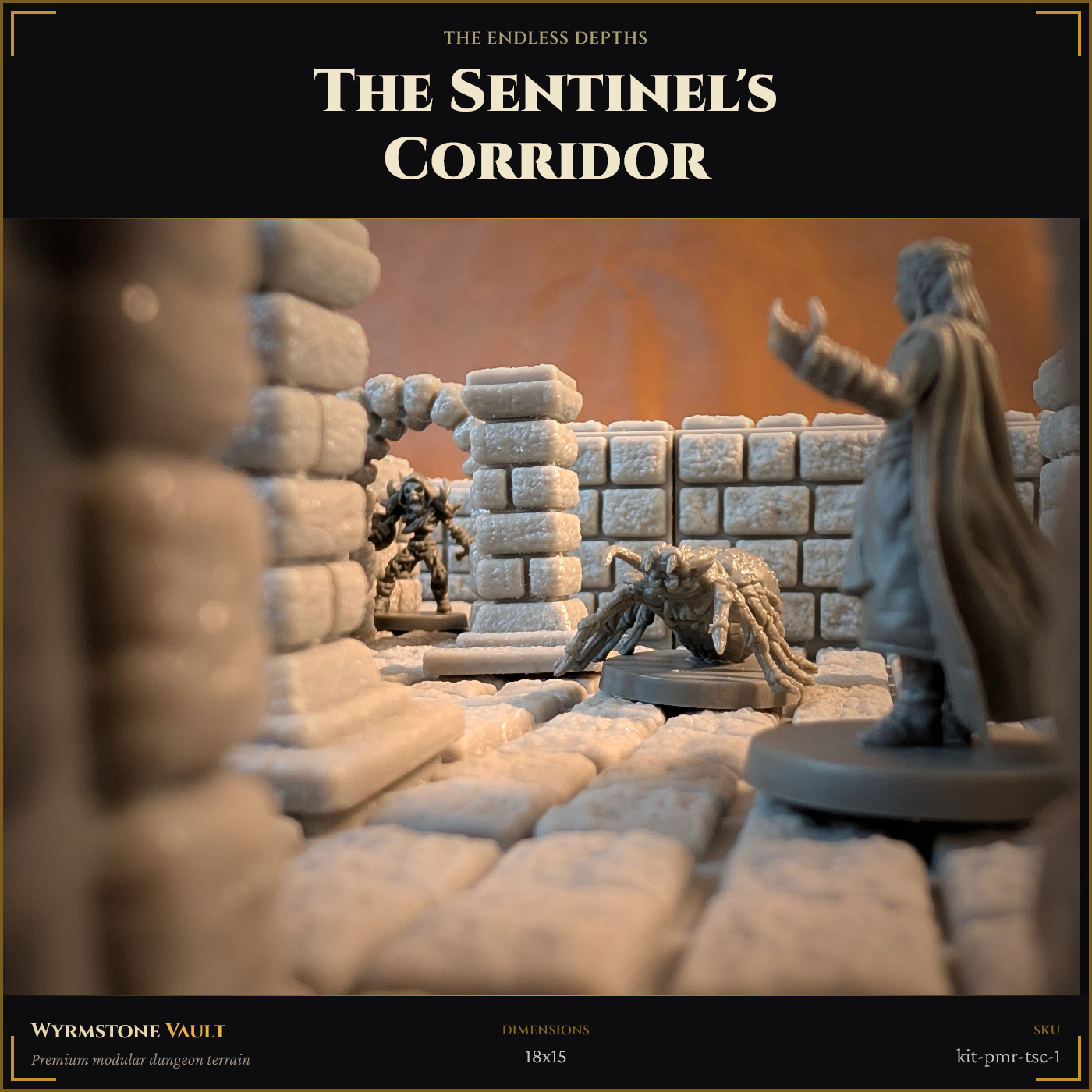 Wyrmstone Vault modular cast-resin dungeon terrain kit — The Sentinel's Corridor, an 18x15 room assembly from The Endless Depths