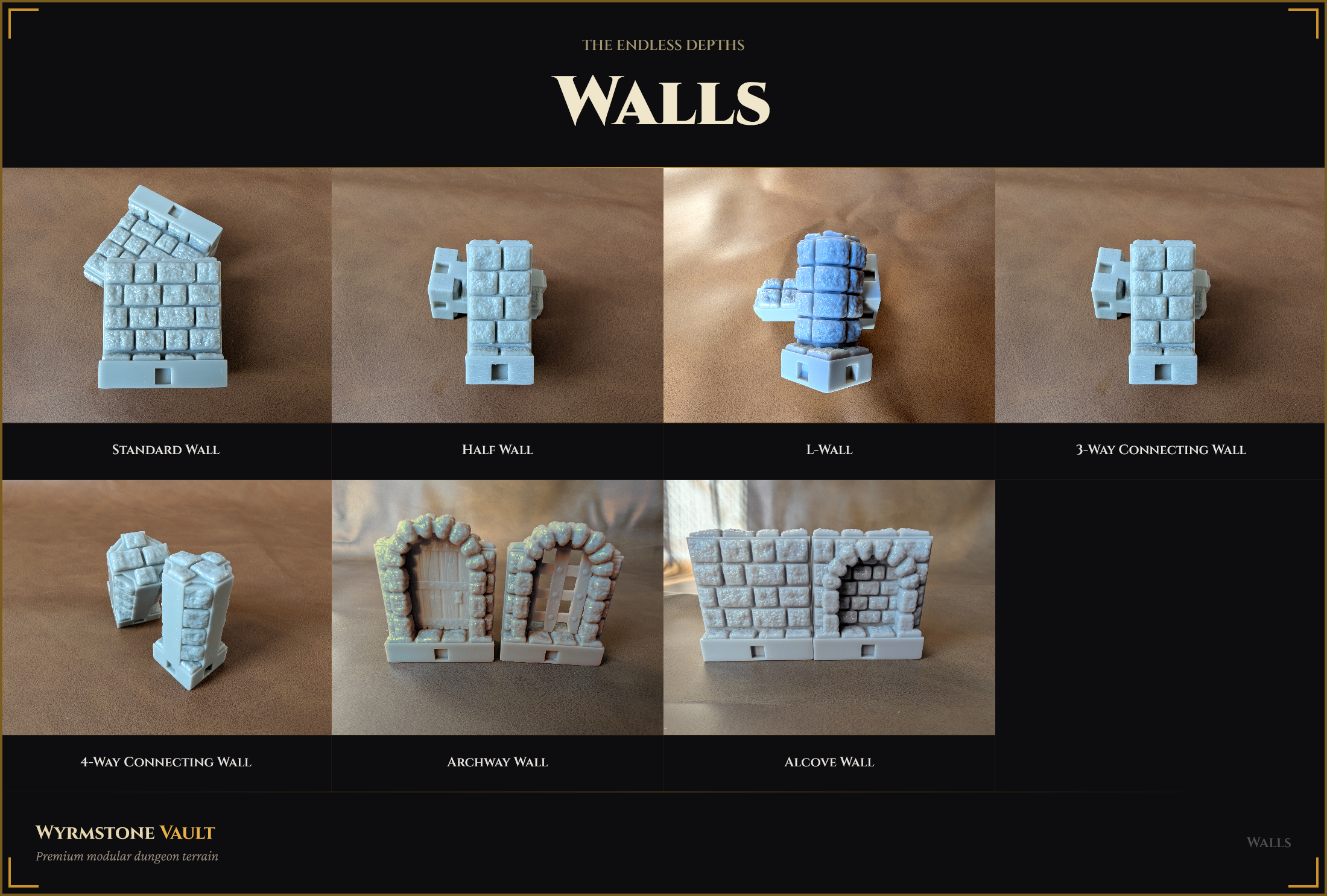 Wyrmstone Vault Endless Depths wall tile catalog — Standard Wall, Half Wall, L-Wall, 3-Way Connecting Wall, 4-Way Connecting Wall, Archway Wall, and Alcove Wall