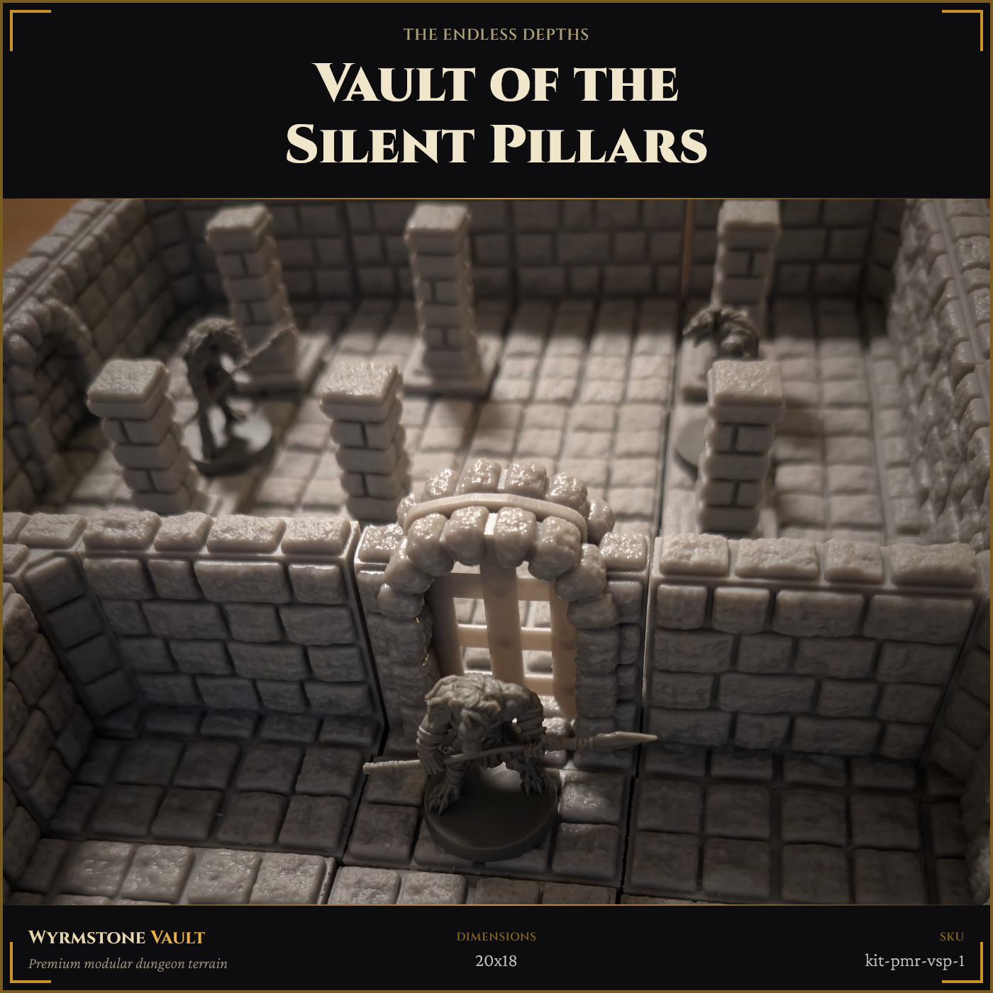 Wyrmstone Vault modular cast-resin dungeon terrain kit — Vault of the Silent Pillars, a 20x18 room assembly from The Endless Depths