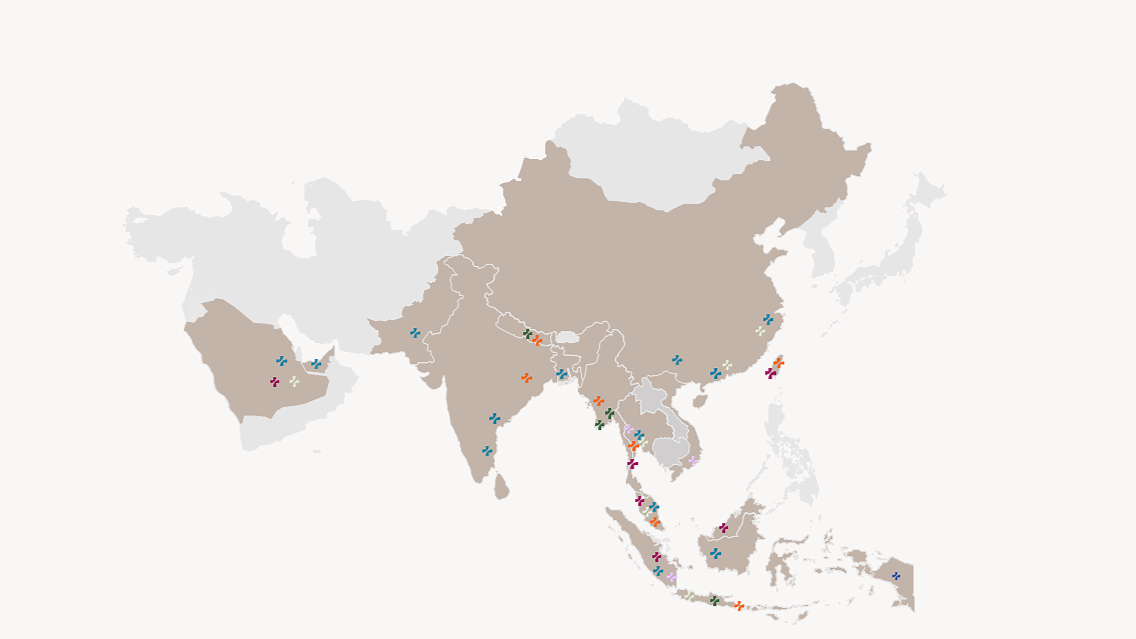 Map of Asia showing various colored markers across different countries.