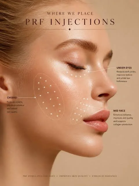 A woman with smooth skin and closed eyes, explaining facial injection areas with dotted lines and labels, including under eyes, cheeks, and mid face, at ILUMA Medical Spa in Monrovia.