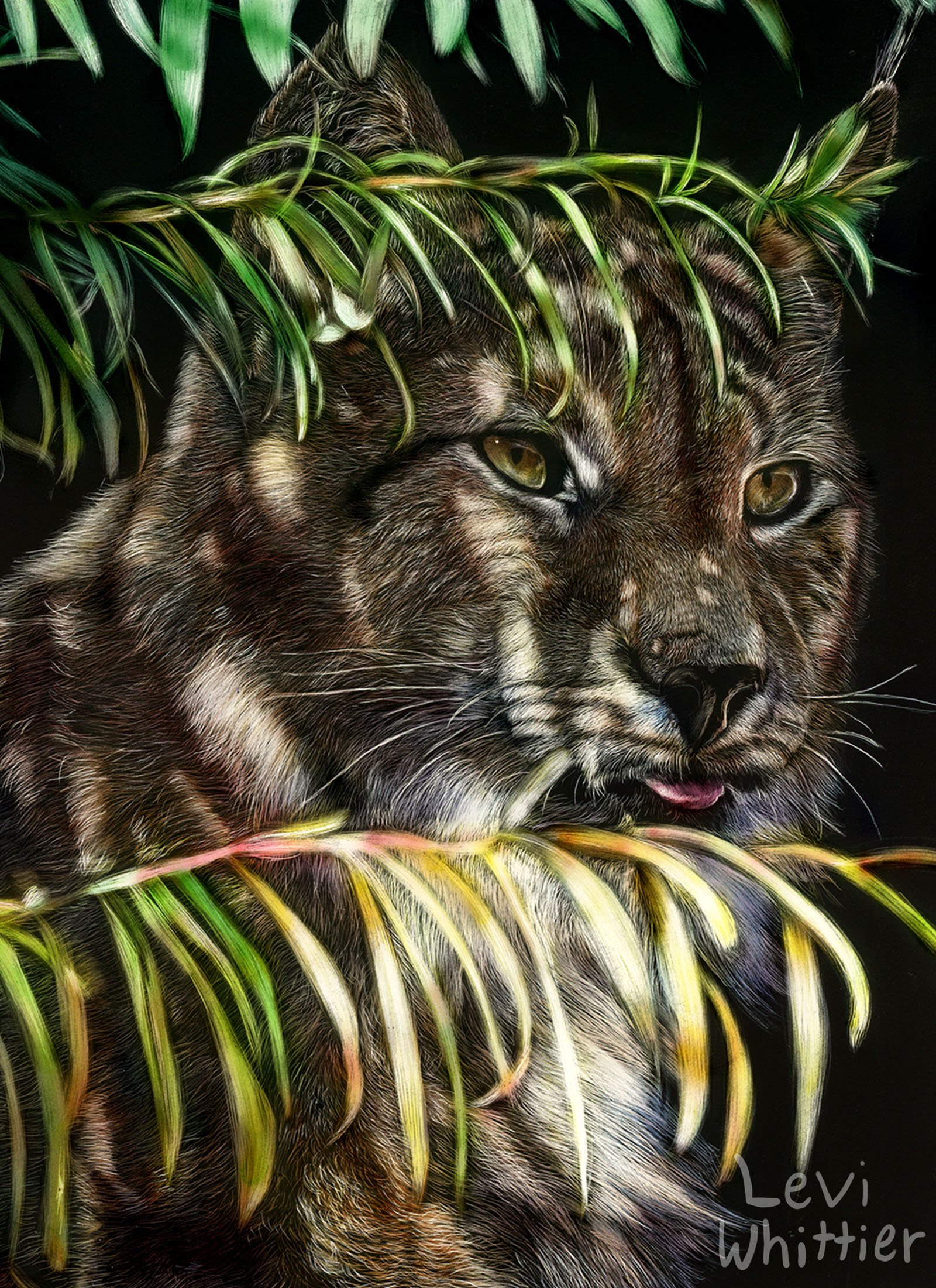 Digital artwork of a mountain lion or cougar partially obscured by green leaves, with detailed fur and piercing eyes.