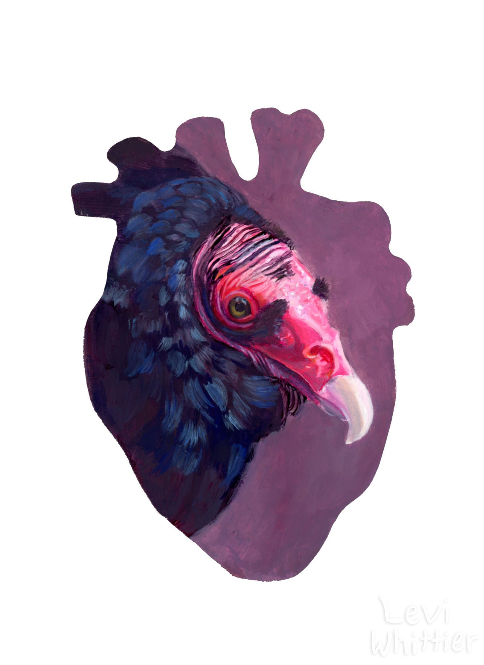 Painting of a turkey with a human heart in place of its body, blending avian and anatomical elements.