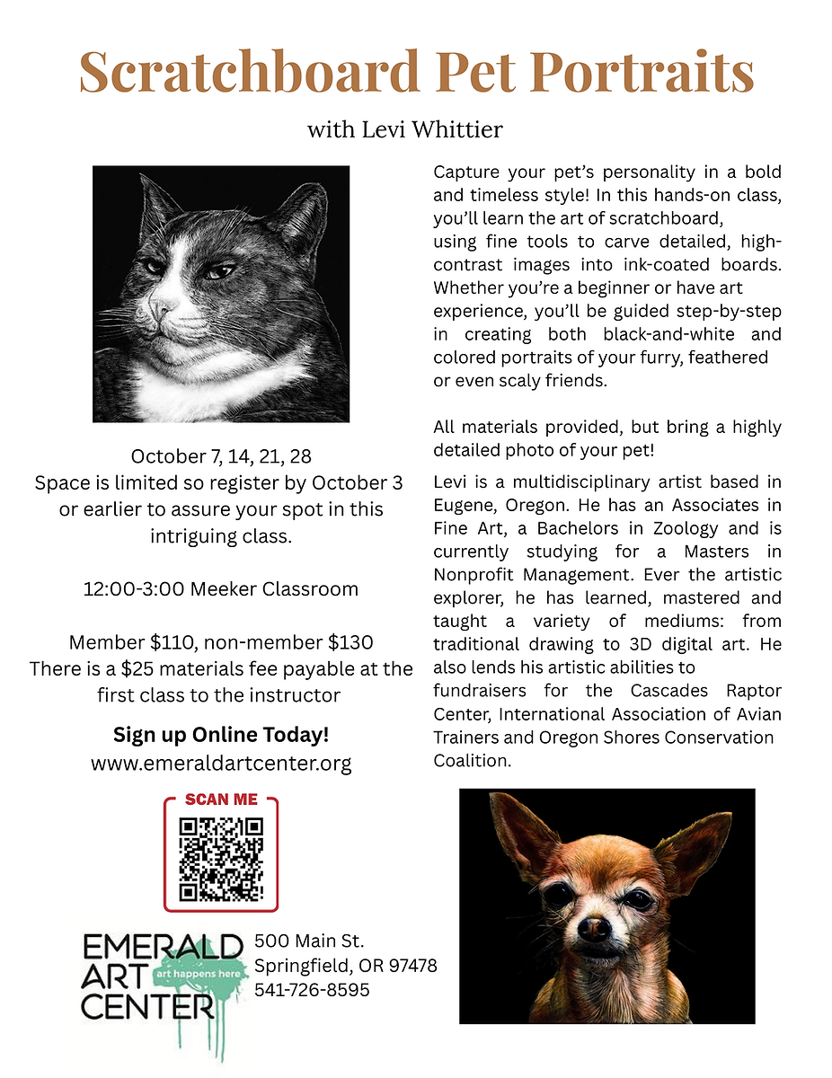 Flyer for Scratchboard Pet Portraits class featuring black-and-white photo of a cat and a colored photo of a small dog, with text details about the class, instructor, dates, location, fees, and a QR code at the bottom.