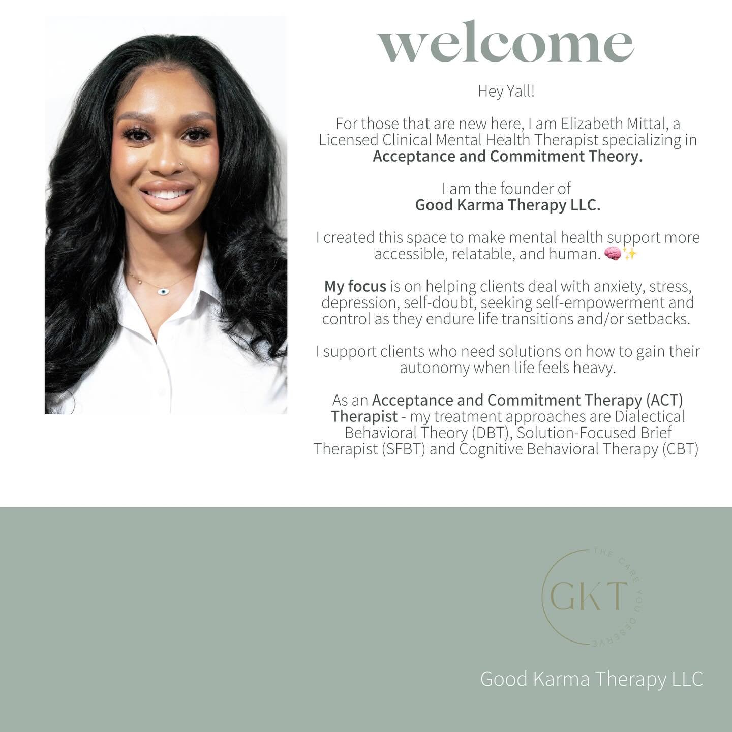 Hey Y&rsquo;all! 👋🏾
I&rsquo;m Elizabeth Mittal, a Licensed Mental Health Therapist in Delaware and Pennsylvania- specializing in Acceptance and Commitment Therapy (ACT). ACT is all about helping you live a meaningful life by accepting what&rsquo;s 